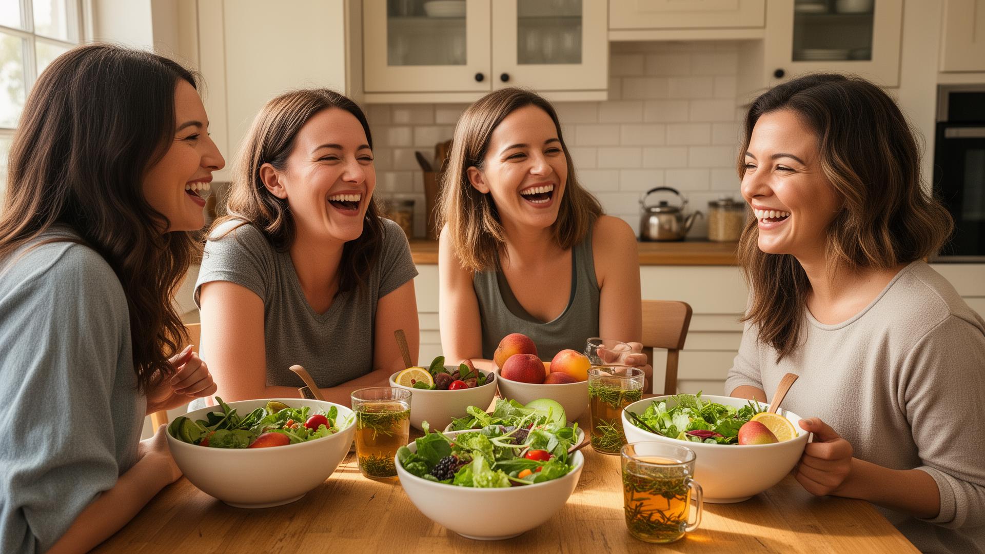 A small group of women laughing together over tea.